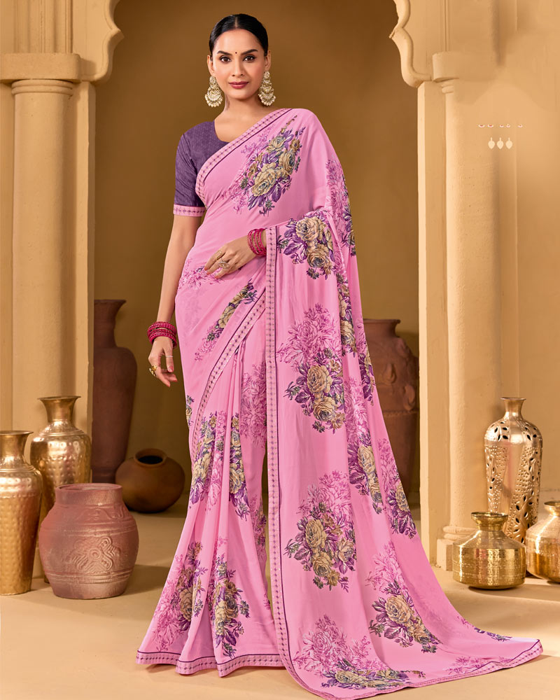 Vishal Prints Pastel Magenta Weightless Georgette Printed Saree With Fancy Embroidery Border