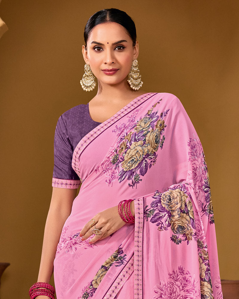 Vishal Prints Pastel Magenta Weightless Georgette Printed Saree With Fancy Embroidery Border