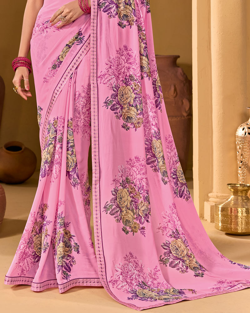 Vishal Prints Pastel Magenta Weightless Georgette Printed Saree With Fancy Embroidery Border