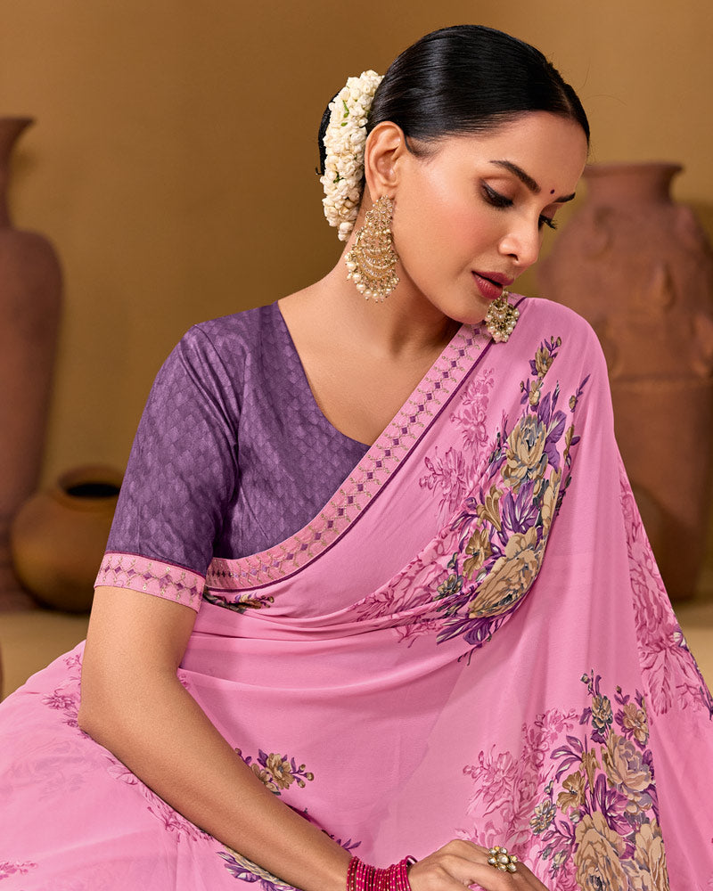 Vishal Prints Pastel Magenta Weightless Georgette Printed Saree With Fancy Embroidery Border