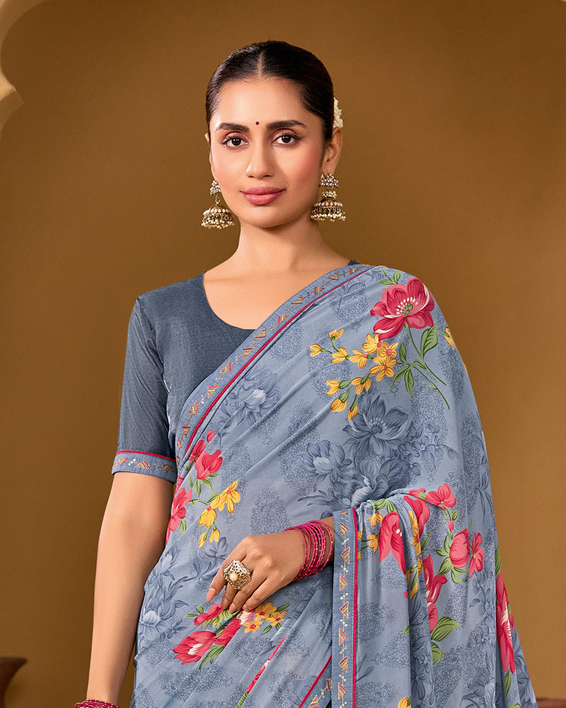 Vishal Prints Cool Grey Weightless Georgette Printed Saree With Fancy Embroidery Border