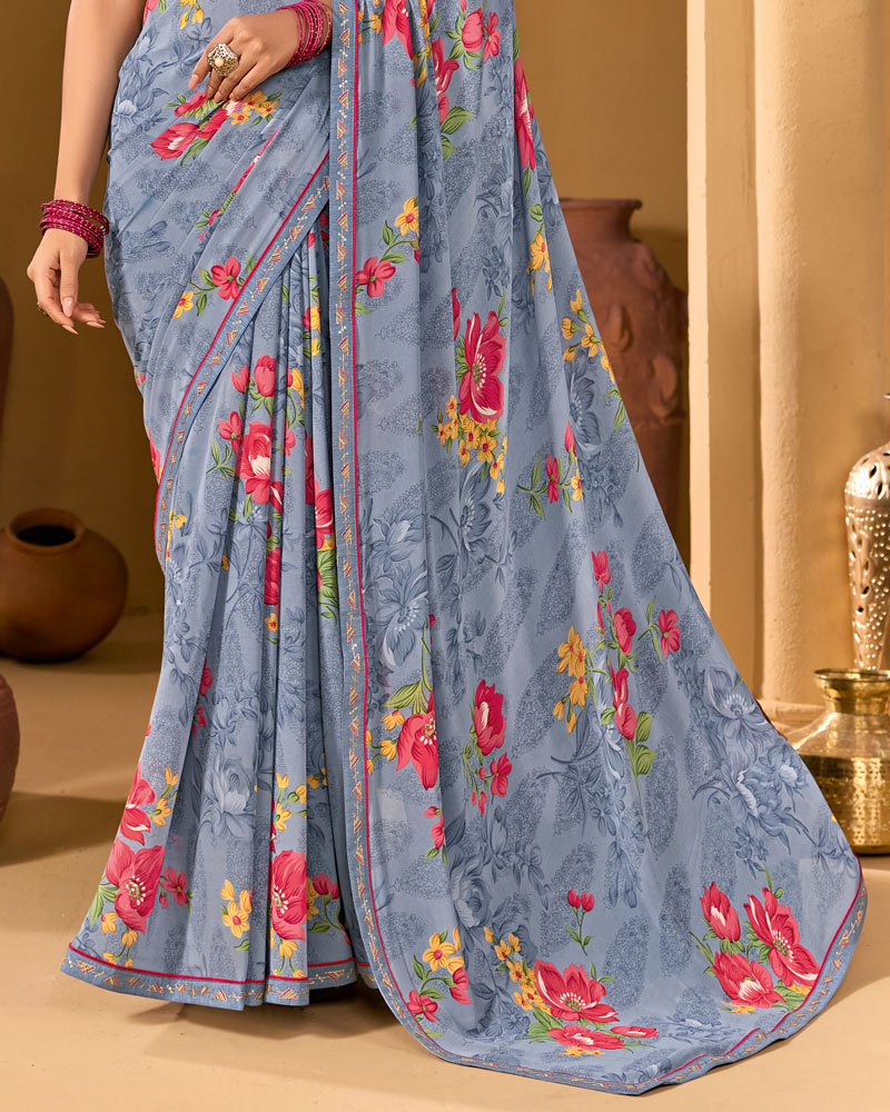 Vishal Prints Cool Grey Weightless Georgette Printed Saree With Fancy Embroidery Border