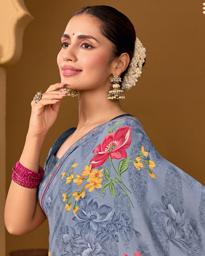 Vishal Prints Cool Grey Weightless Georgette Printed Saree With Fancy Embroidery Border