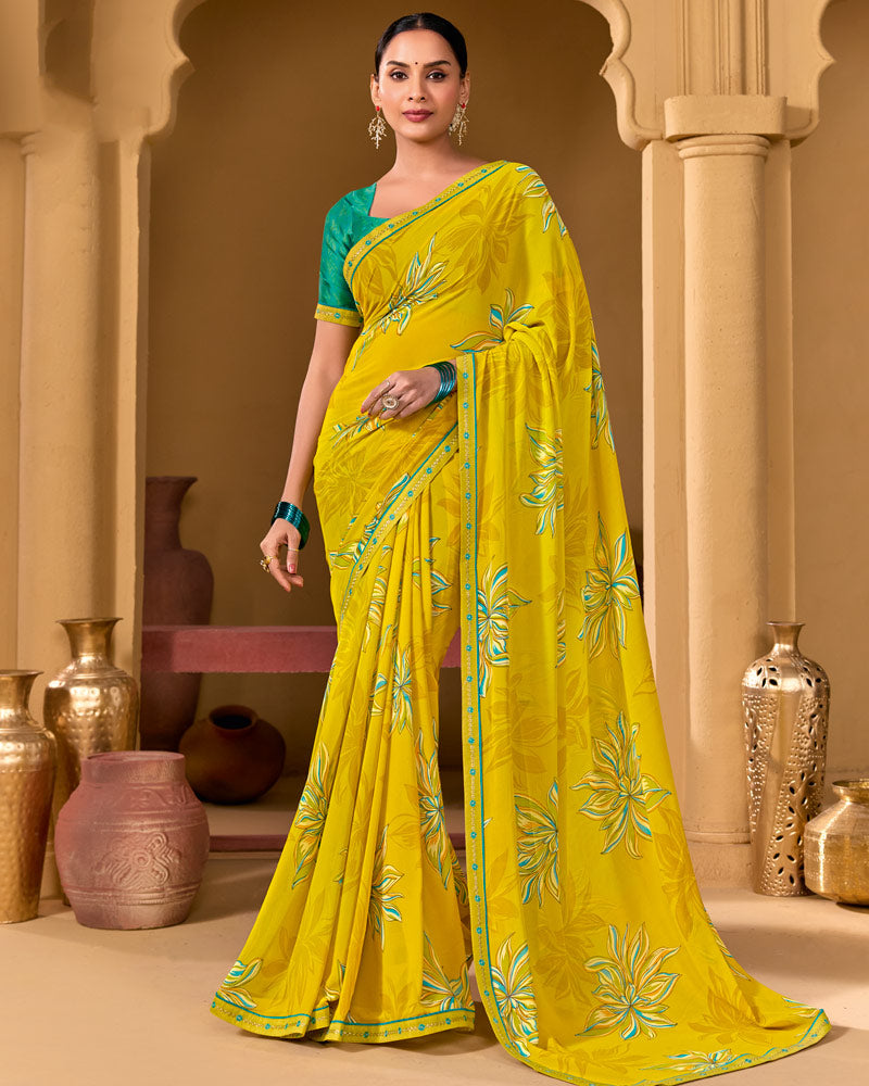 Vishal Prints Burnt Yellow Weightless Georgette Printed Saree With Fancy Embroidery Border