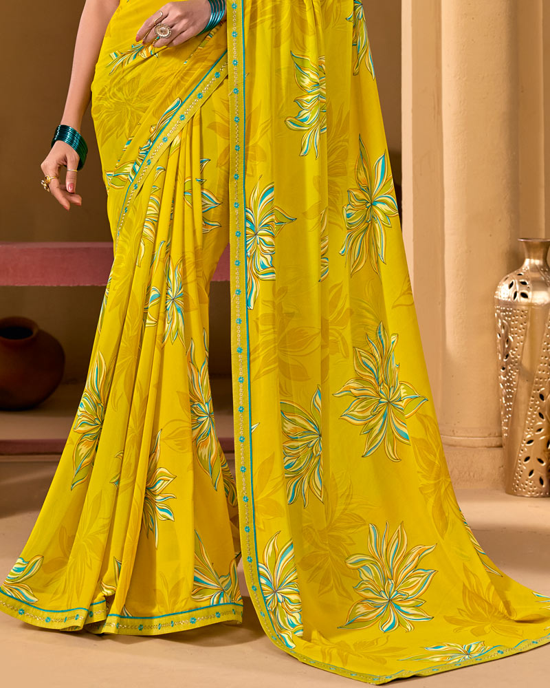 Vishal Prints Burnt Yellow Weightless Georgette Printed Saree With Fancy Embroidery Border