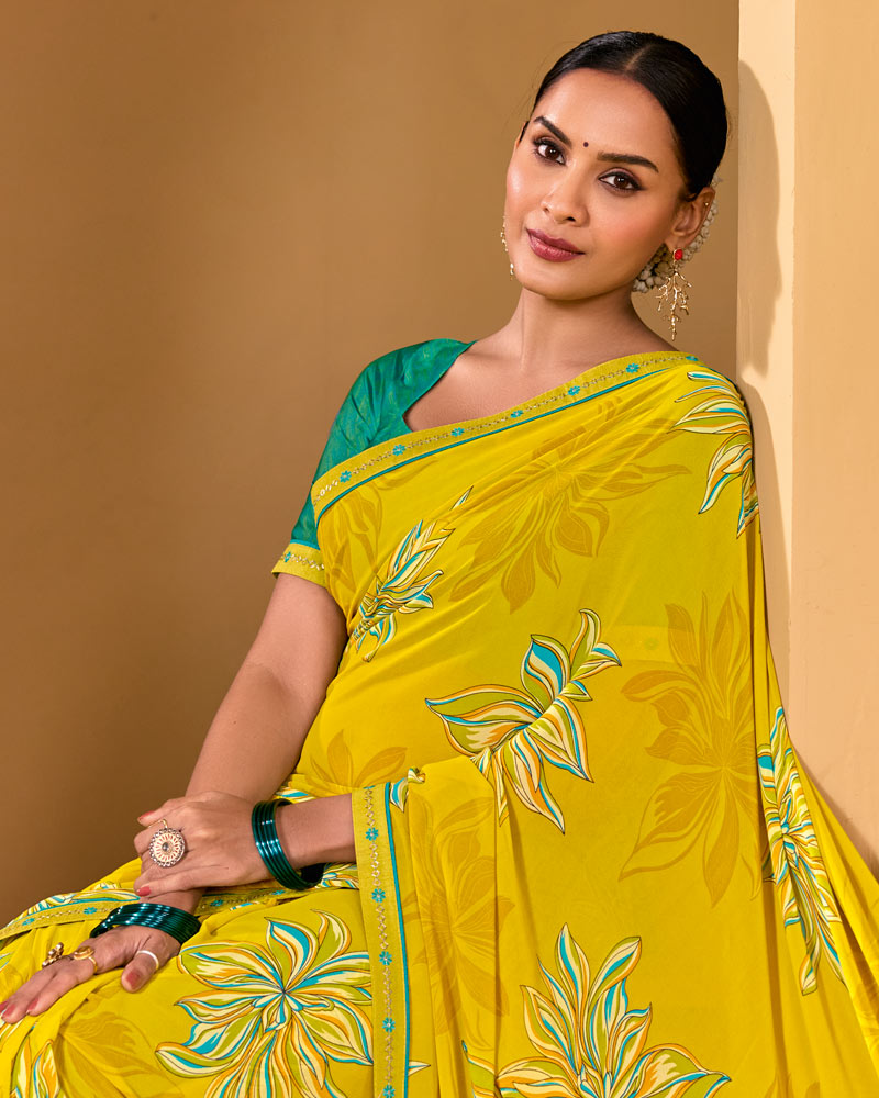 Vishal Prints Burnt Yellow Weightless Georgette Printed Saree With Fancy Embroidery Border