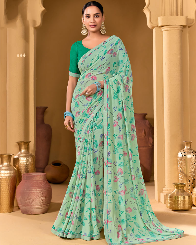 Vishal Prints Light Sage Green Weightless Georgette Printed Saree With Fancy Embroidery Border