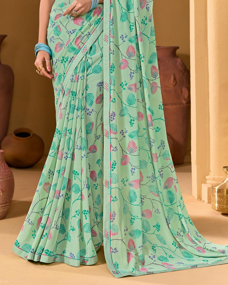 Vishal Prints Light Sage Green Weightless Georgette Printed Saree With Fancy Embroidery Border