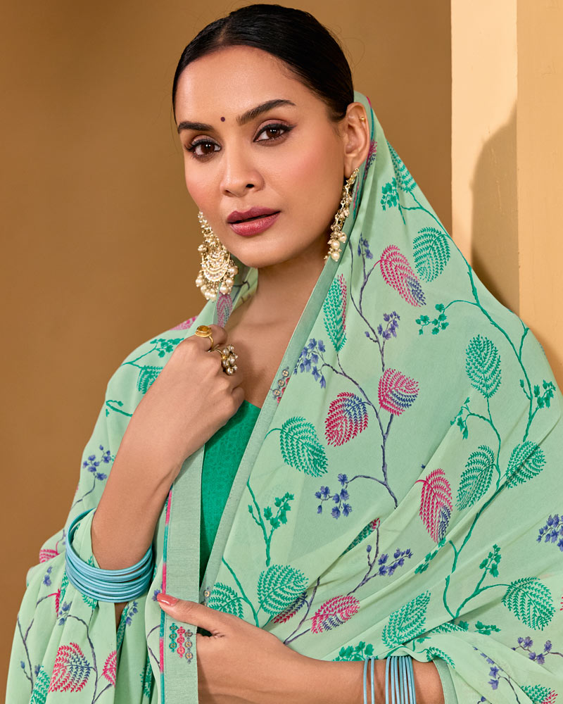 Vishal Prints Light Sage Green Weightless Georgette Printed Saree With Fancy Embroidery Border