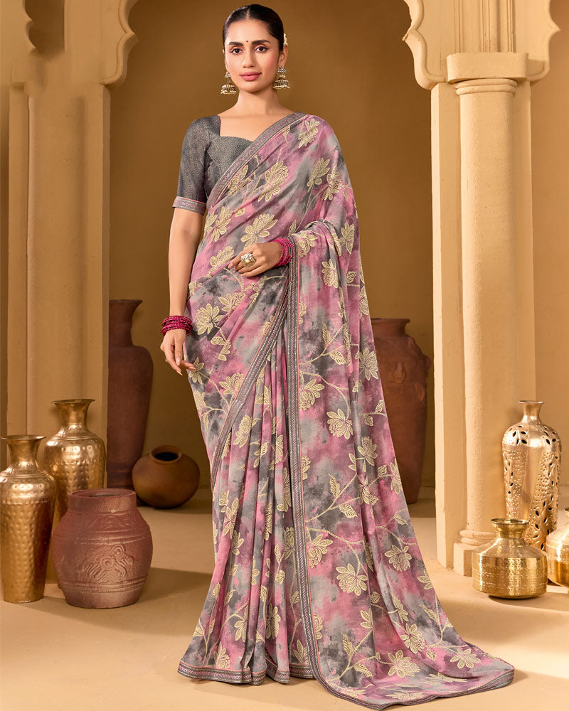 Vishal Prints Greyish Pink Weightless Georgette Printed Saree With Fancy Embroidery Border