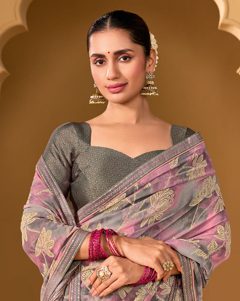 Vishal Prints Greyish Pink Weightless Georgette Printed Saree With Fancy Embroidery Border