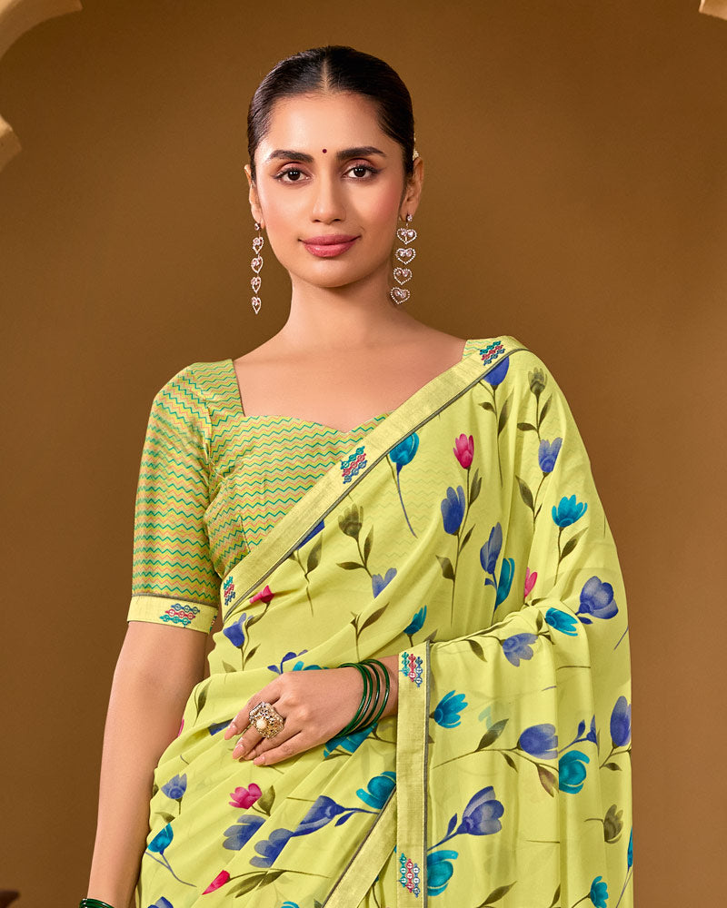 Vishal Prints Straw Yellow Weightless Georgette Printed Saree With Fancy Embroidery Border