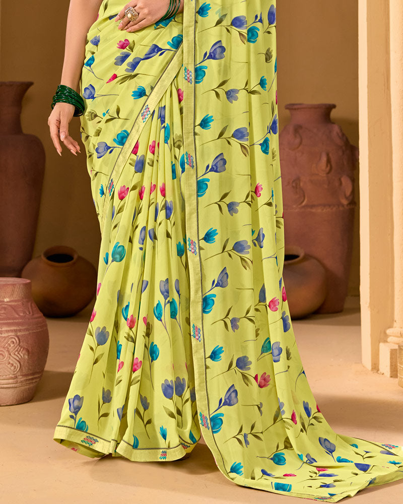 Vishal Prints Straw Yellow Weightless Georgette Printed Saree With Fancy Embroidery Border