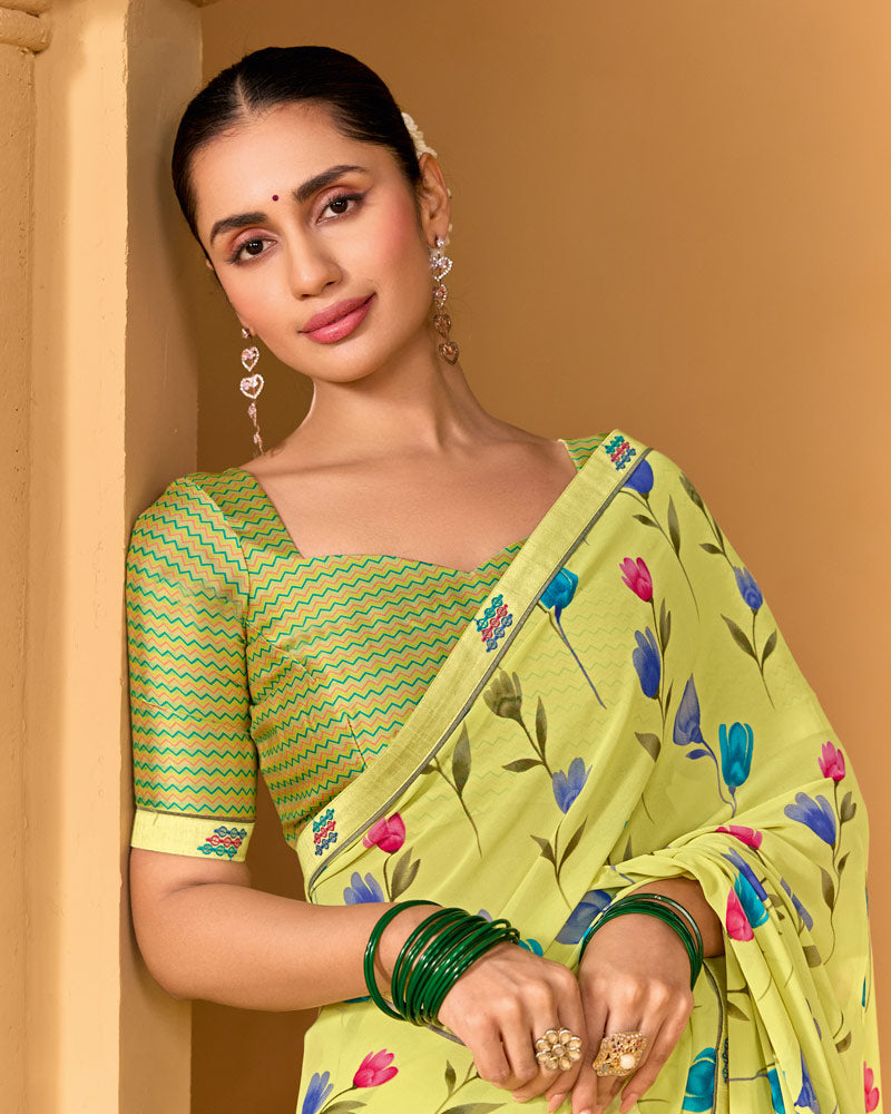Vishal Prints Straw Yellow Weightless Georgette Printed Saree With Fancy Embroidery Border