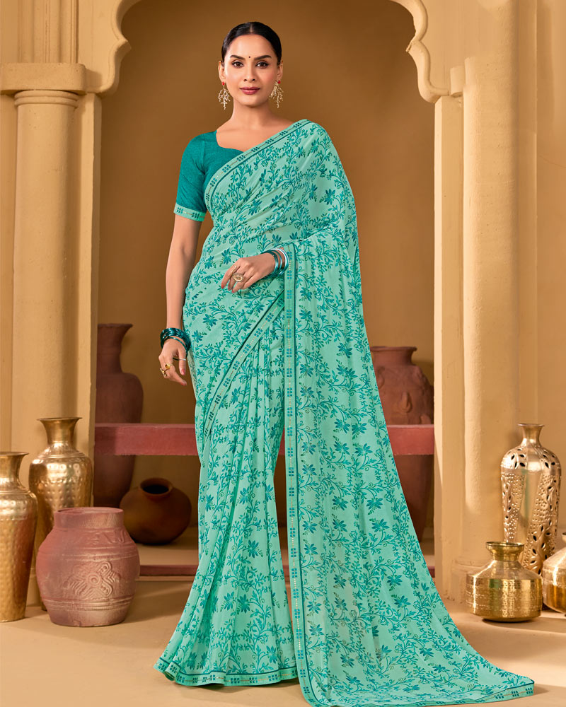 Vishal Prints Summer Green Weightless Georgette Printed Saree With Fancy Embroidery Border