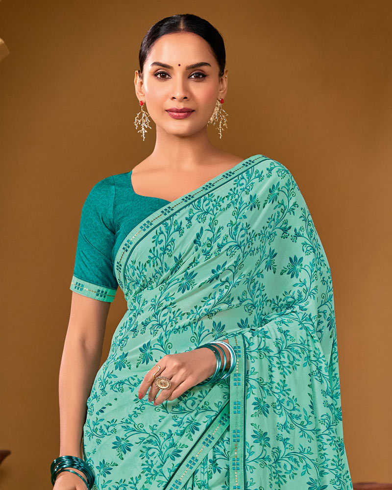 Vishal Prints Summer Green Weightless Georgette Printed Saree With Fancy Embroidery Border