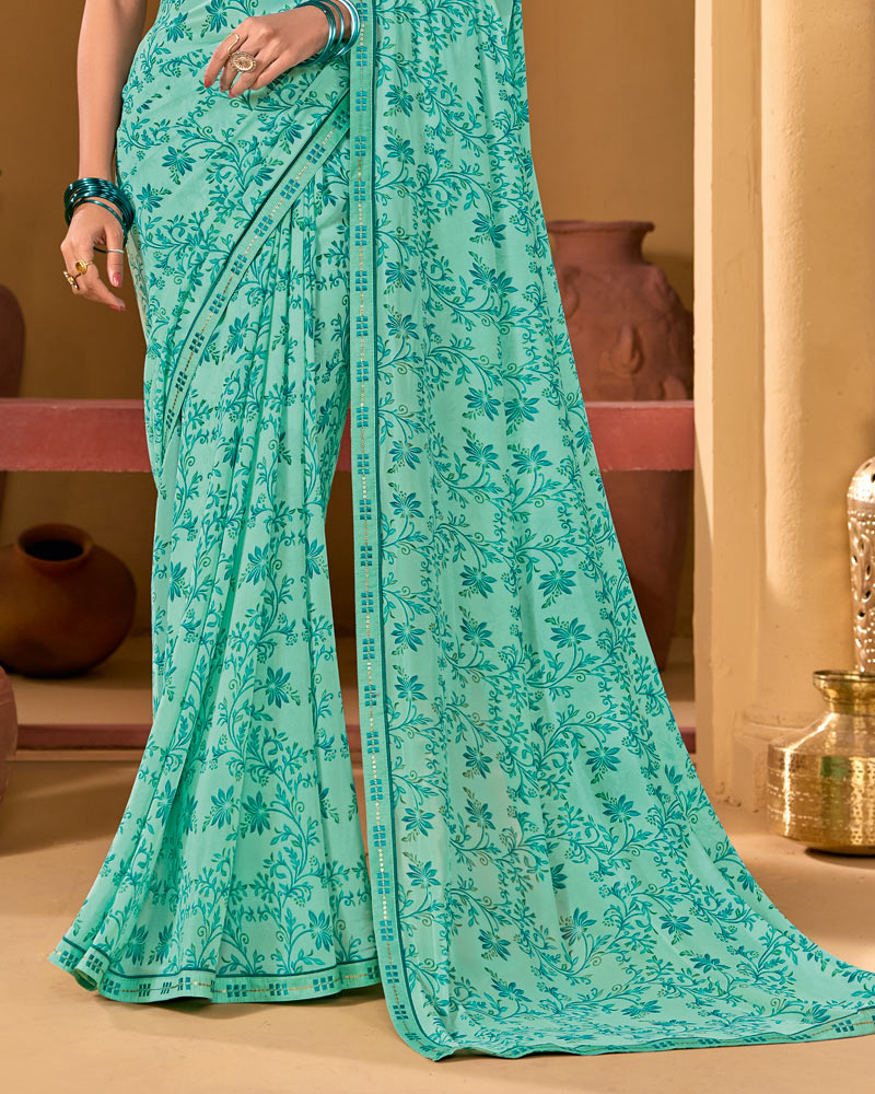 Vishal Prints Summer Green Weightless Georgette Printed Saree With Fancy Embroidery Border