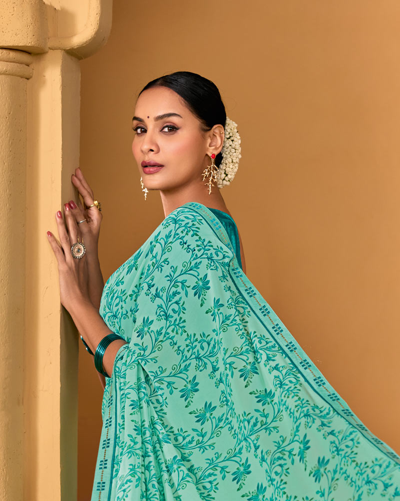 Vishal Prints Summer Green Weightless Georgette Printed Saree With Fancy Embroidery Border