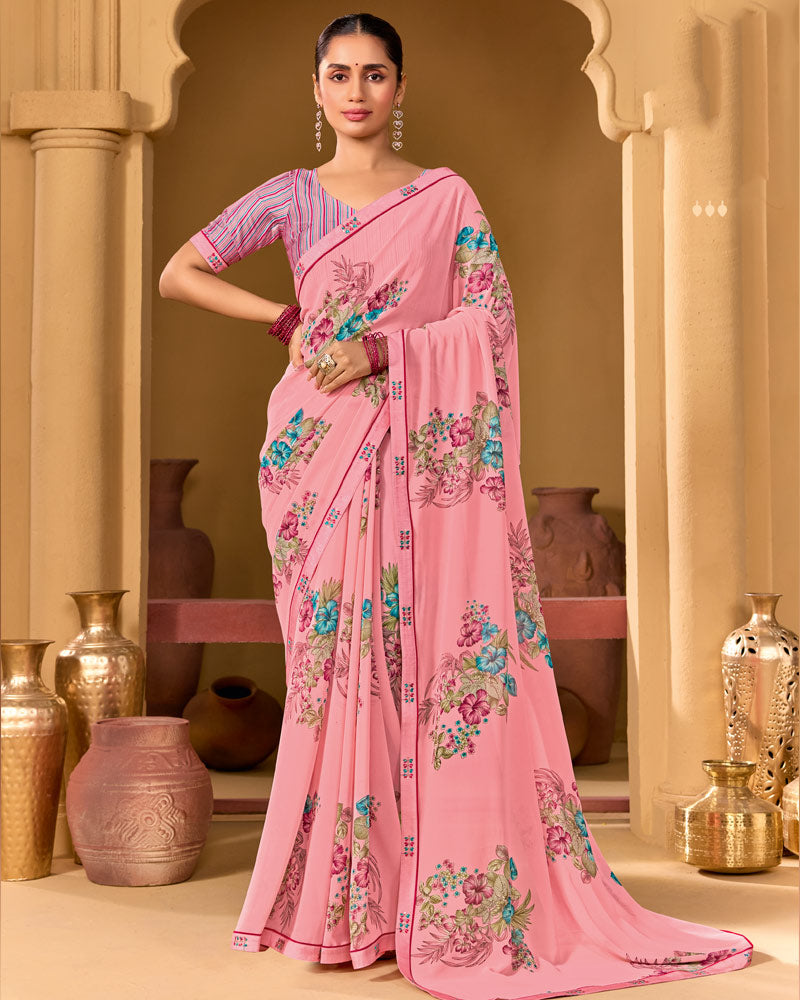 Vishal Prints Flamingo Pink Weightless Georgette Printed Saree With Fancy Embroidery Border
