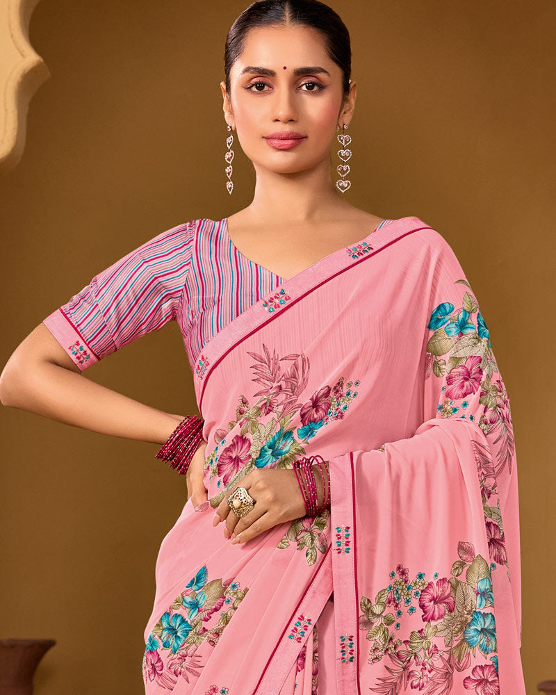 Vishal Prints Flamingo Pink Weightless Georgette Printed Saree With Fancy Embroidery Border