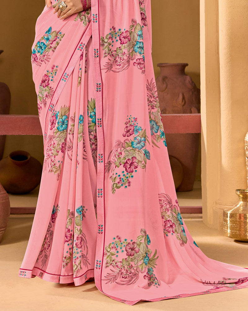 Vishal Prints Flamingo Pink Weightless Georgette Printed Saree With Fancy Embroidery Border