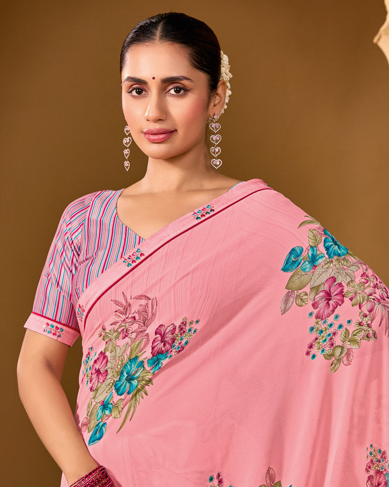 Vishal Prints Flamingo Pink Weightless Georgette Printed Saree With Fancy Embroidery Border