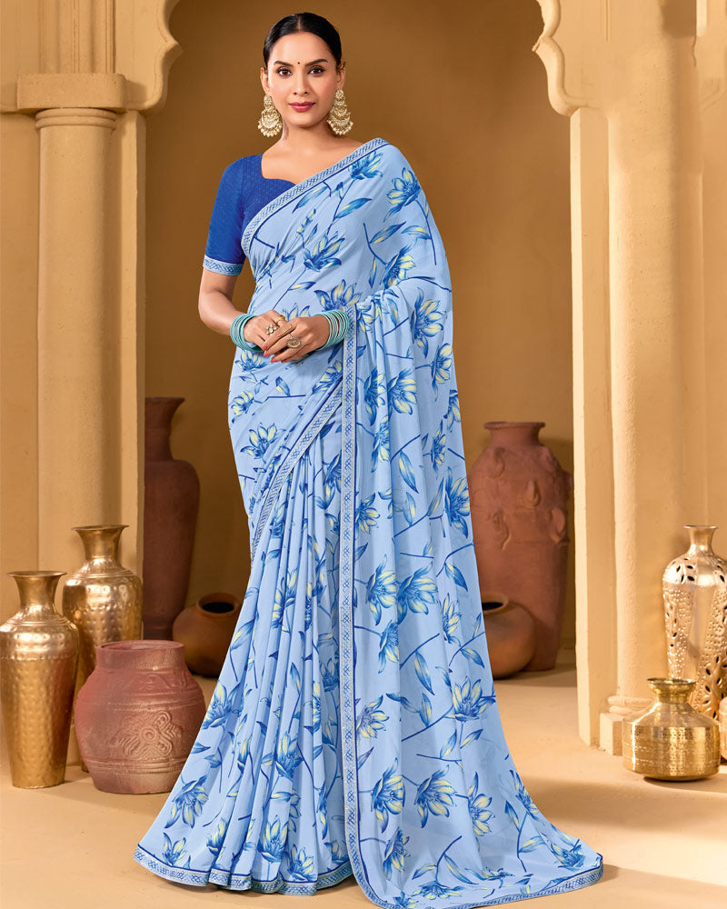 Vishal Prints Carolina Blue Weightless Georgette Printed Saree With Fancy Embroidery Border