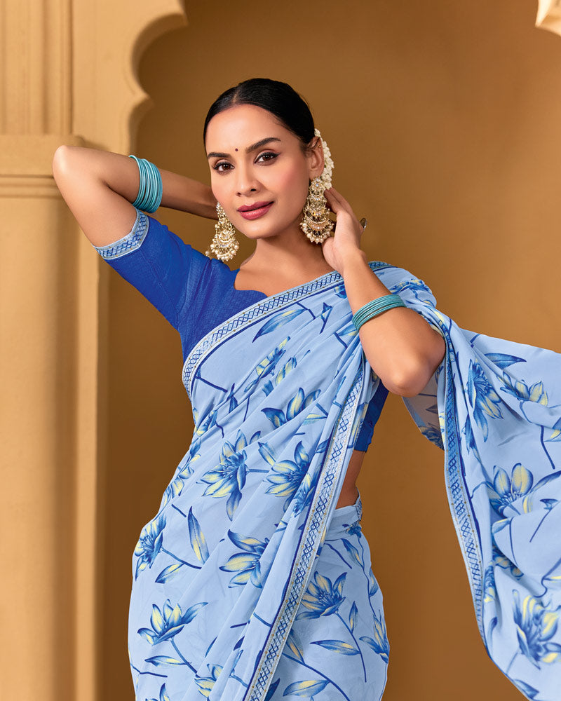 Vishal Prints Carolina Blue Weightless Georgette Printed Saree With Fancy Embroidery Border