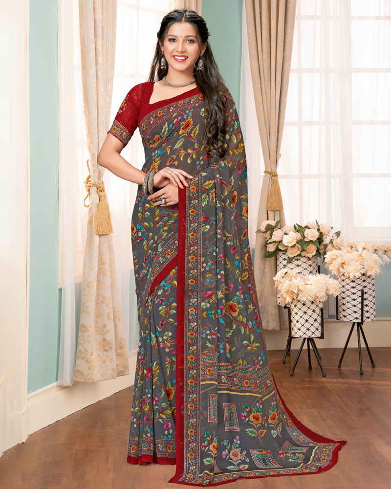 Vishal Prints Dark Grey Digital Print Georgette Saree