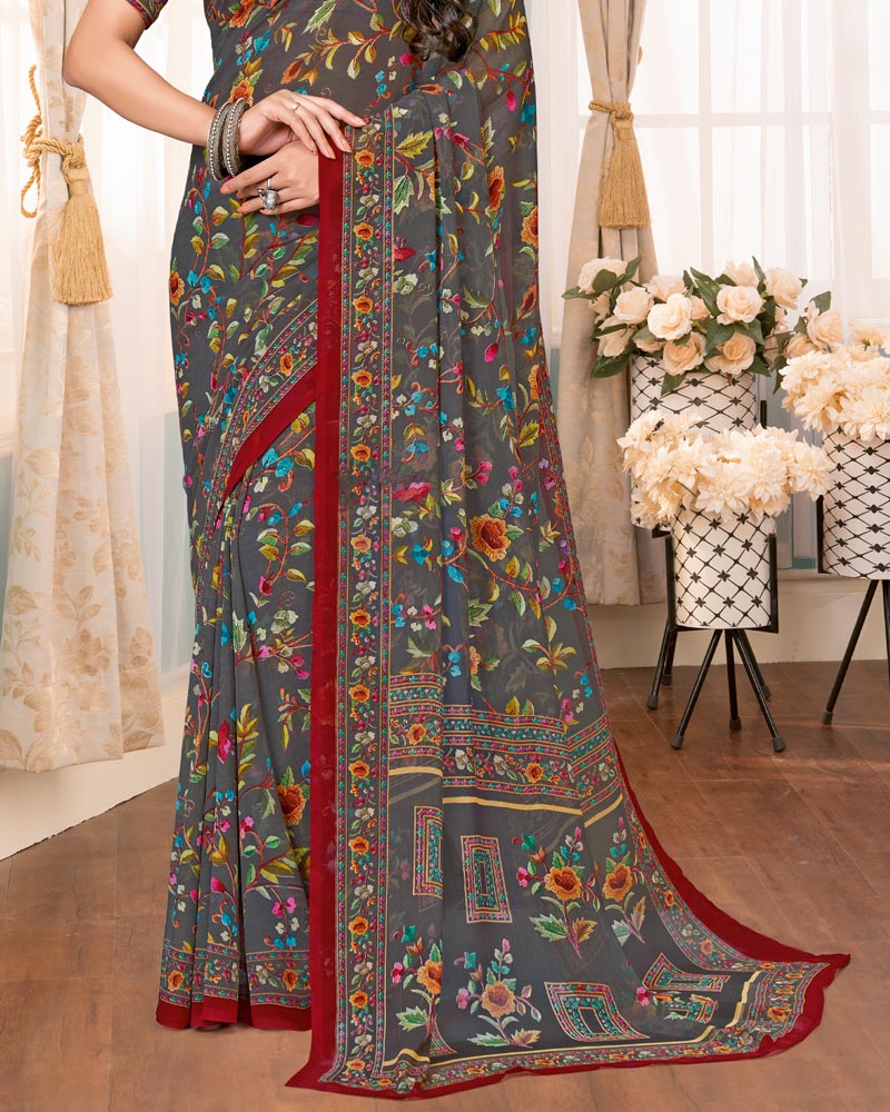 Vishal Prints Dark Grey Digital Print Georgette Saree