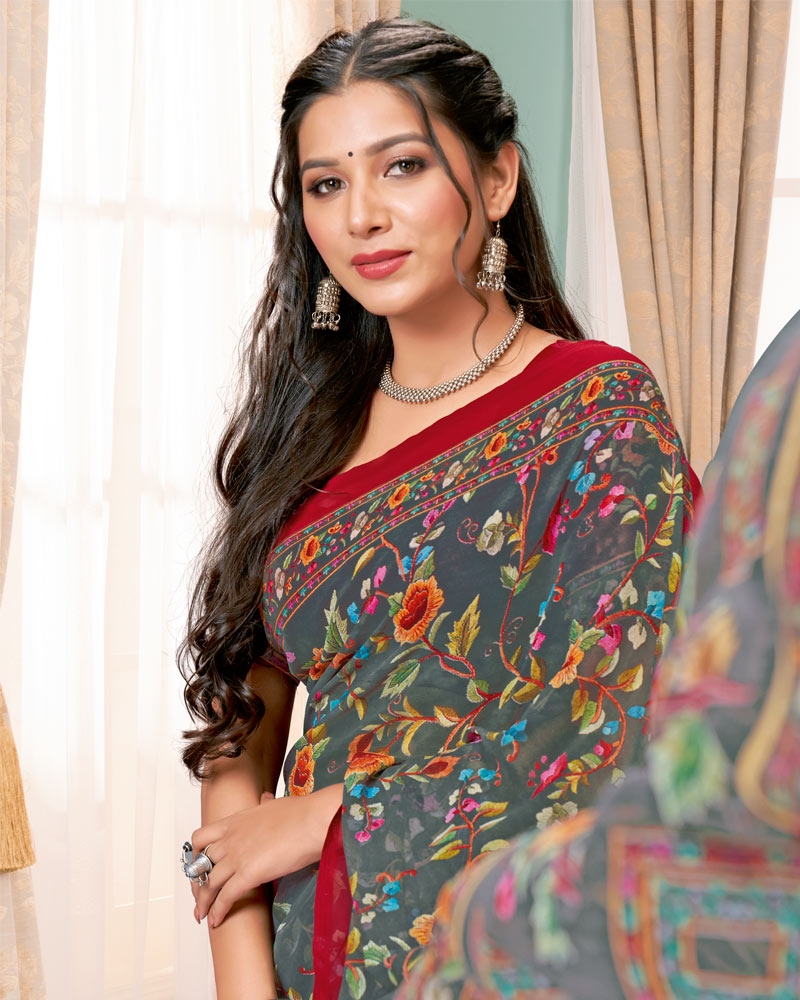 Vishal Prints Dark Grey Digital Print Georgette Saree