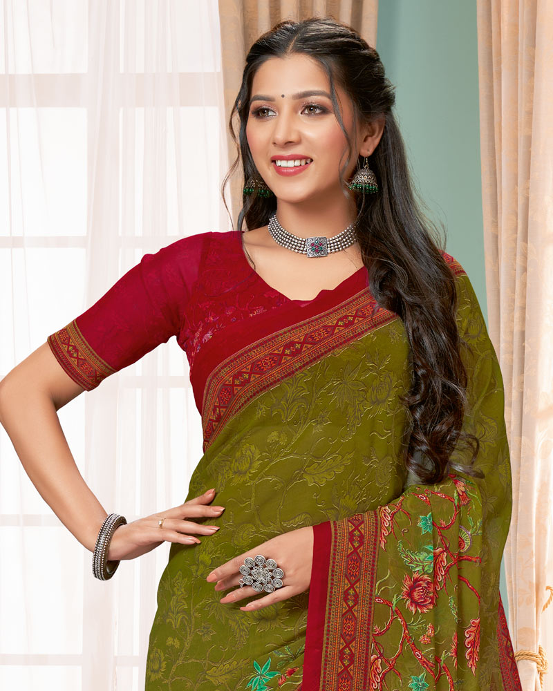 Vishal Prints Mehendi Green Digital Print Georgette Saree