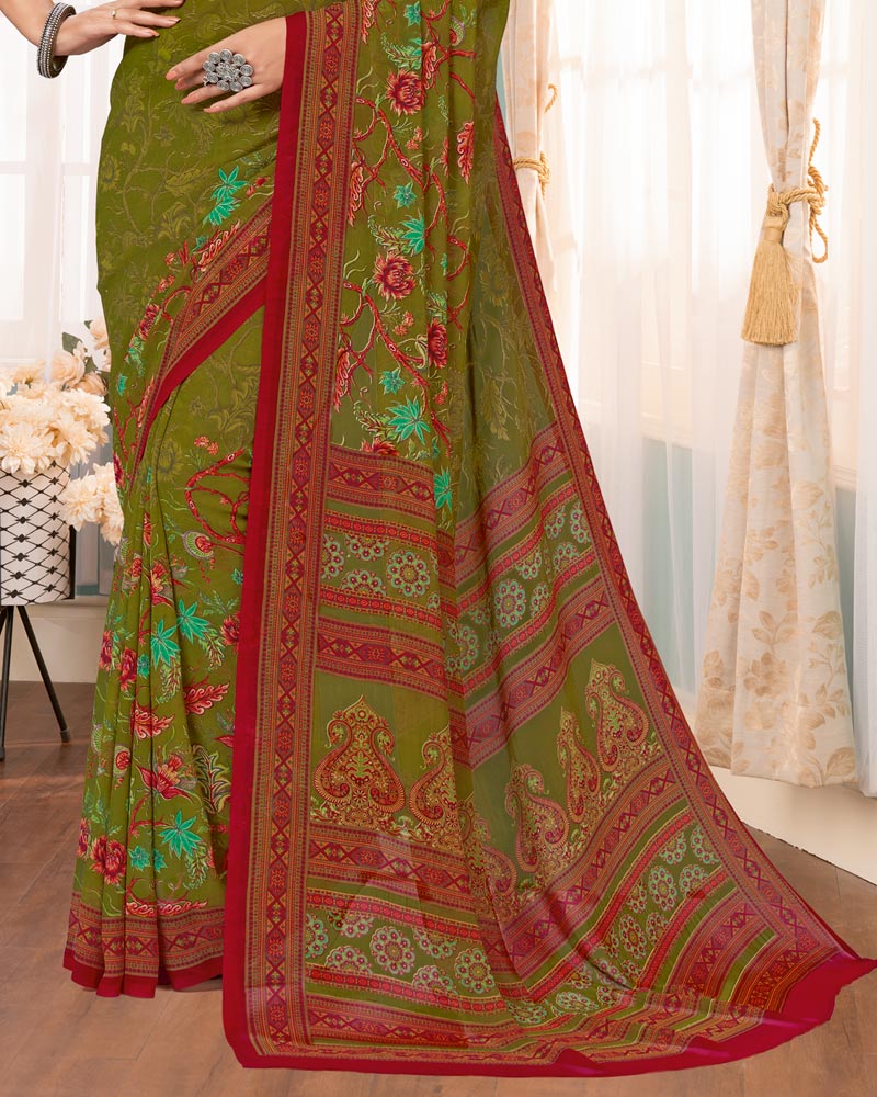 Vishal Prints Mehendi Green Digital Print Georgette Saree