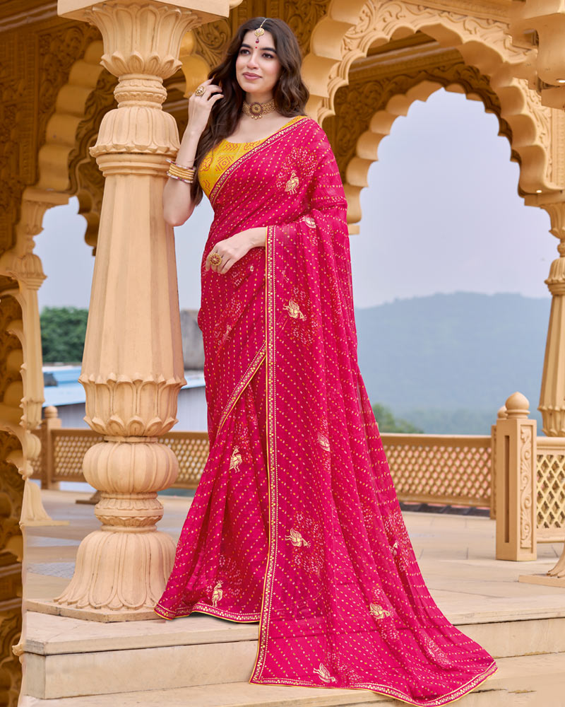 Vishal Prints Raspberry Pink Printed Chiffon Traditional Print Saree With Foil Print And Fancy Border