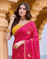 Vishal Prints Raspberry Pink Printed Chiffon Traditional Print Saree With Foil Print And Fancy Border