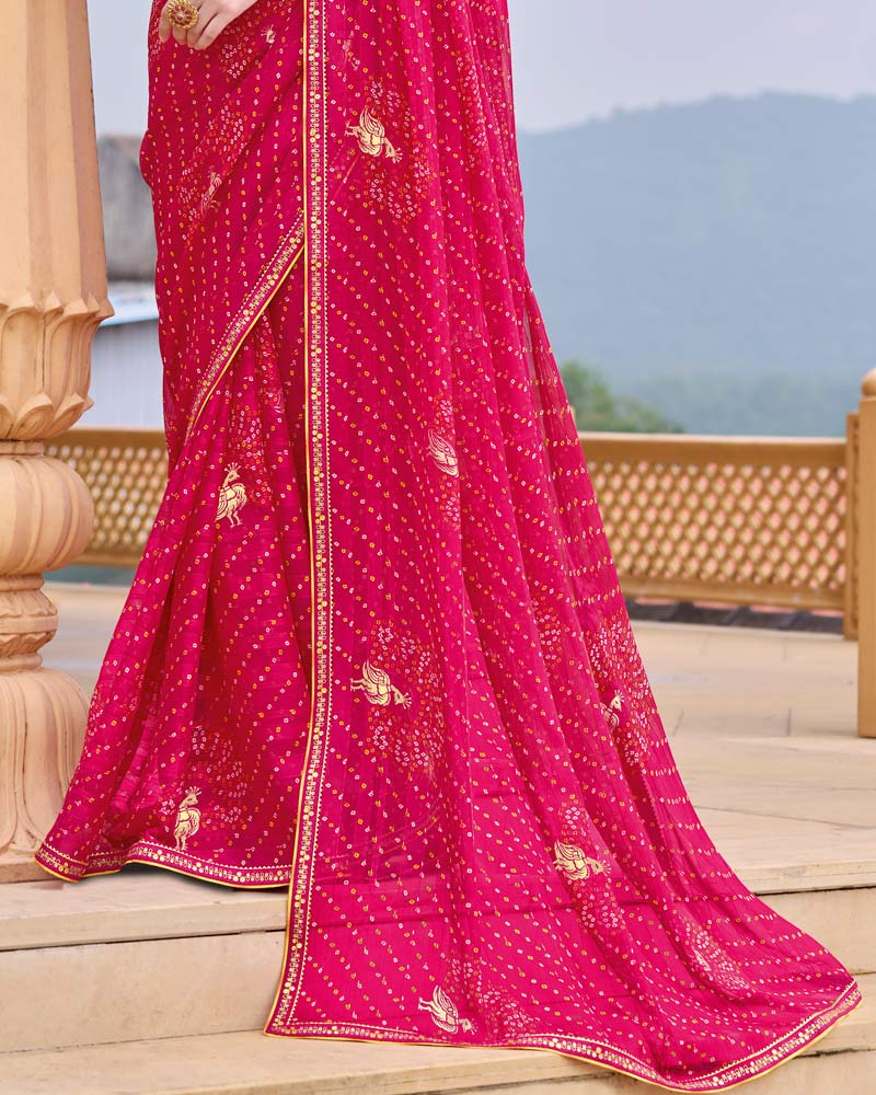 Vishal Prints Raspberry Pink Printed Chiffon Traditional Print Saree With Foil Print And Fancy Border