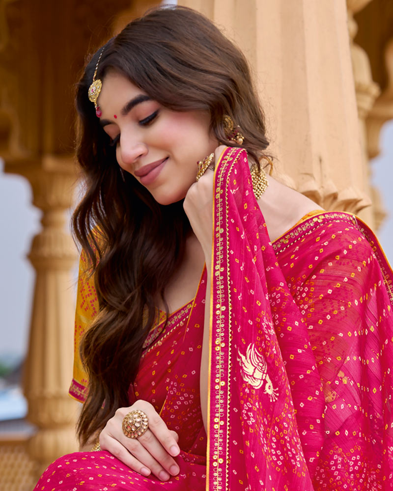 Vishal Prints Raspberry Pink Printed Chiffon Traditional Print Saree With Foil Print And Fancy Border