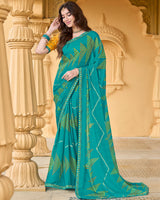 Vishal Prints Persian Green Printed Chiffon Saree With Foil Print And Fancy Border
