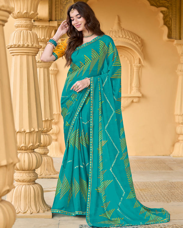 Vishal Prints Persian Green Printed Chiffon Saree With Foil Print And Fancy Border