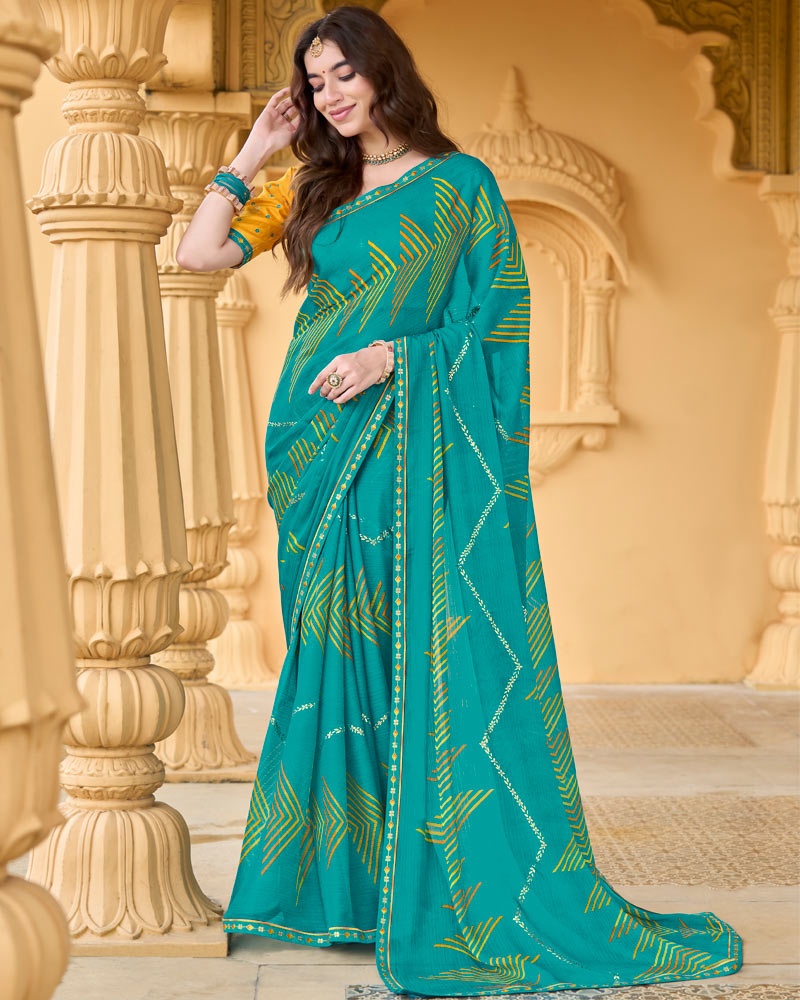 Vishal Prints Persian Green Printed Chiffon Saree With Foil Print And Fancy Border
