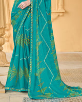 Vishal Prints Persian Green Printed Chiffon Saree With Foil Print And Fancy Border