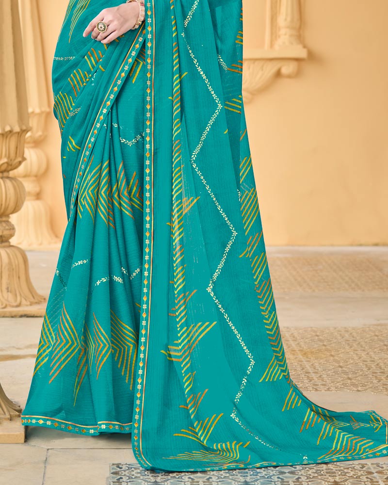 Vishal Prints Persian Green Printed Chiffon Saree With Foil Print And Fancy Border