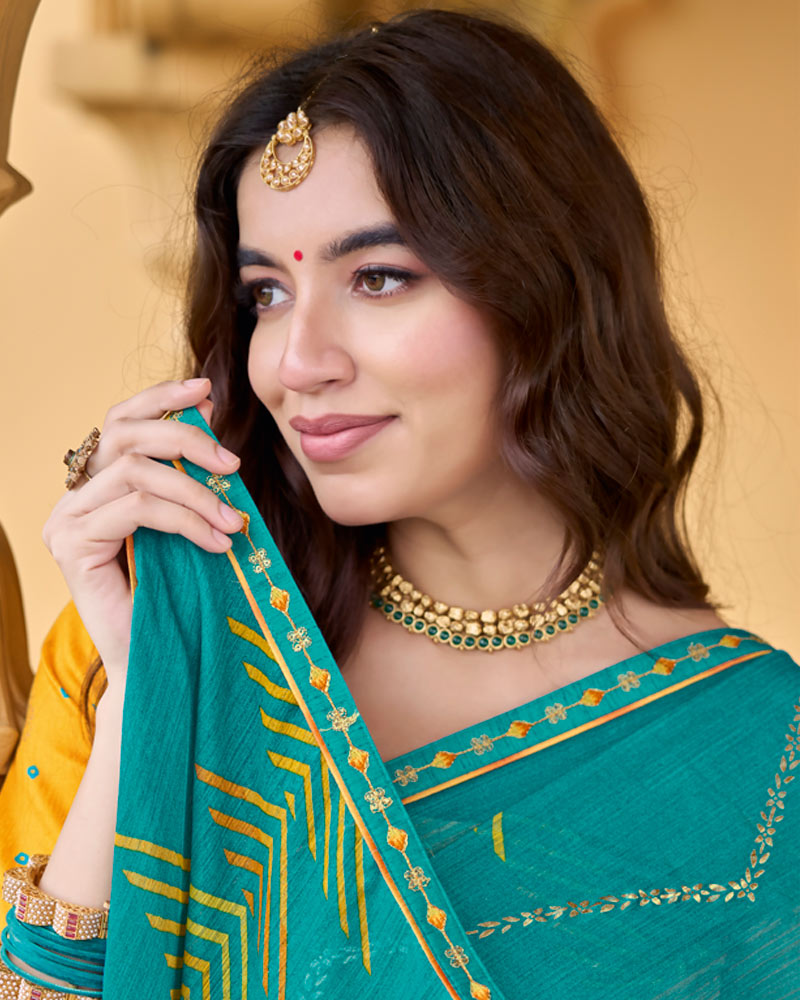 Vishal Prints Persian Green Printed Chiffon Saree With Foil Print And Fancy Border
