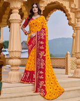 Vishal Prints Orange Yellow Printed Chiffon Traditional Print Saree With Foil Print And Fancy Border