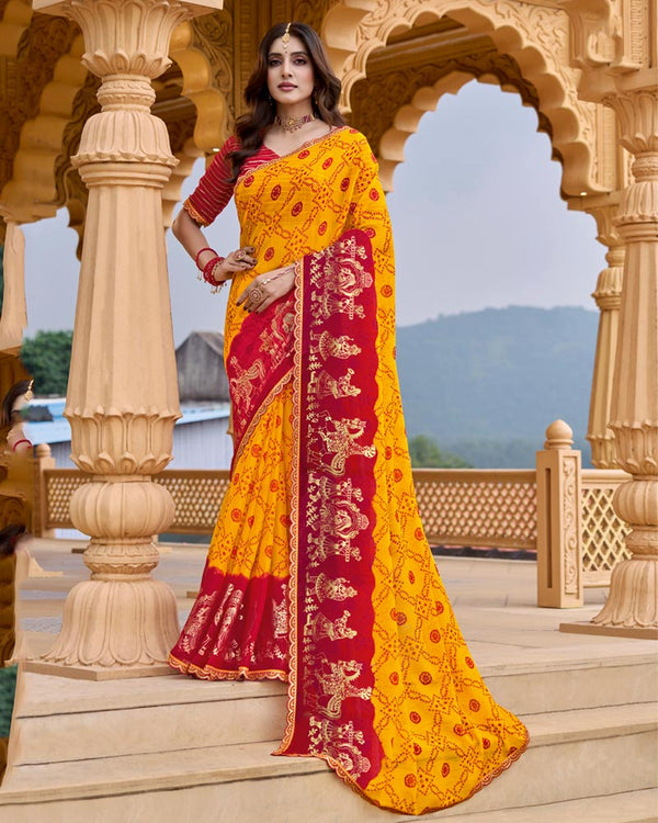 Vishal Prints Orange Yellow Printed Chiffon Traditional Print Saree With Foil Print And Fancy Border
