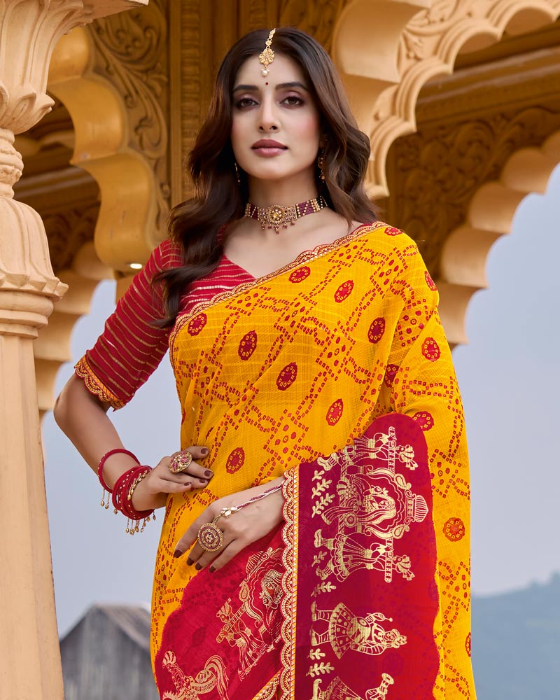 Vishal Prints Orange Yellow Printed Chiffon Traditional Print Saree With Foil Print And Fancy Border