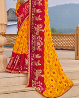 Vishal Prints Orange Yellow Printed Chiffon Traditional Print Saree With Foil Print And Fancy Border