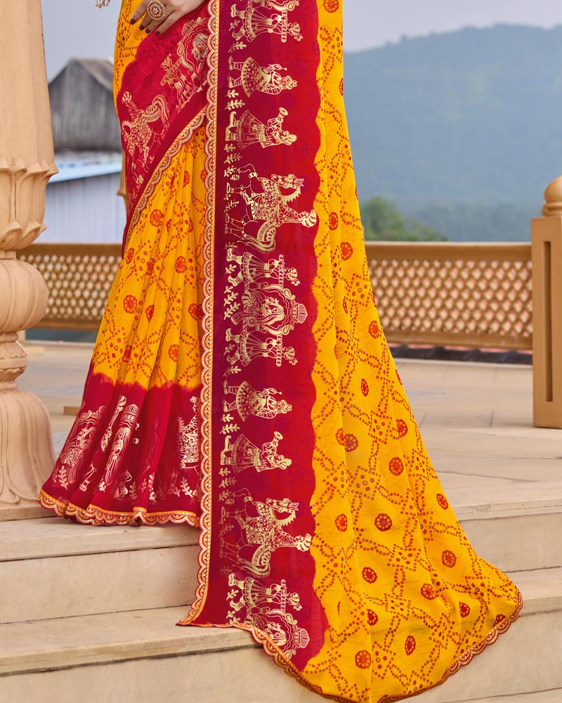 Vishal Prints Orange Yellow Printed Chiffon Traditional Print Saree With Foil Print And Fancy Border