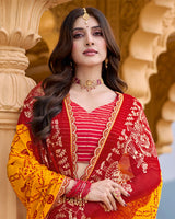 Vishal Prints Orange Yellow Printed Chiffon Traditional Print Saree With Foil Print And Fancy Border