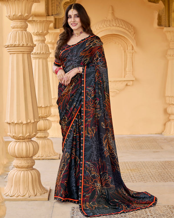 Vishal Prints Smokey Black Printed Chiffon Saree With Fancy Border